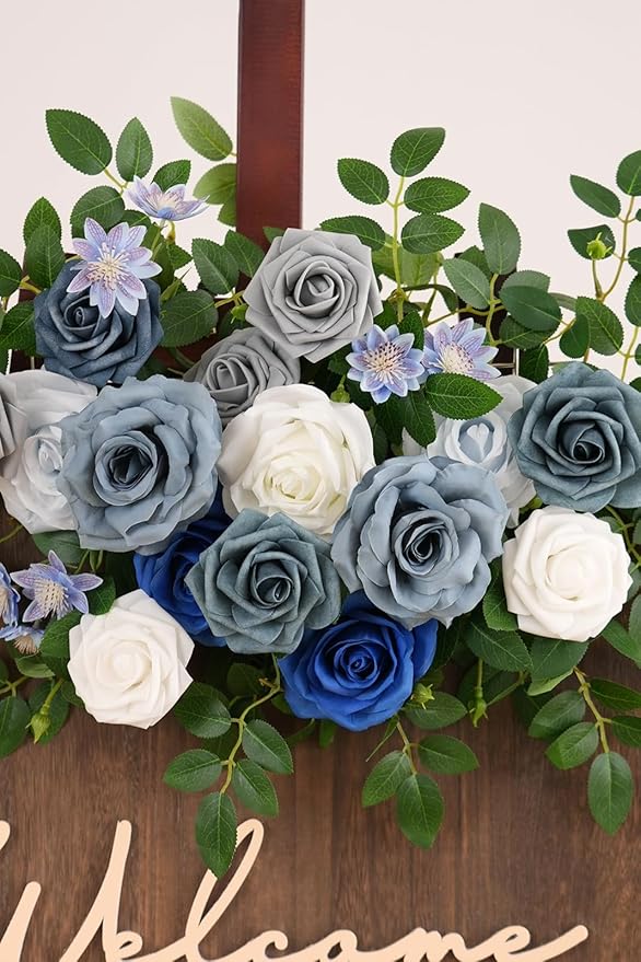 2pcs Blue & Grey Deluxe Welcome Sign Artificial Flowers Wedding Backdrop Garland Hanging Floral Arrangements for Ceremony Reception Entryway Board Sweetheart Table