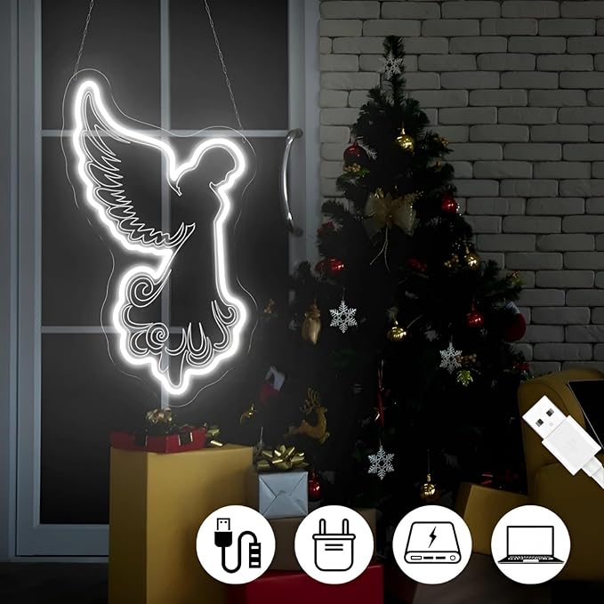 Kneeling Angels Neon Sign, Elegant Angel LED Neon Light Sign for Christmas Tree Decoration Dimmable USB Powered, Holy Glow Light Up Sign for Wall Home Holiday Church Décor & Customizable Gift