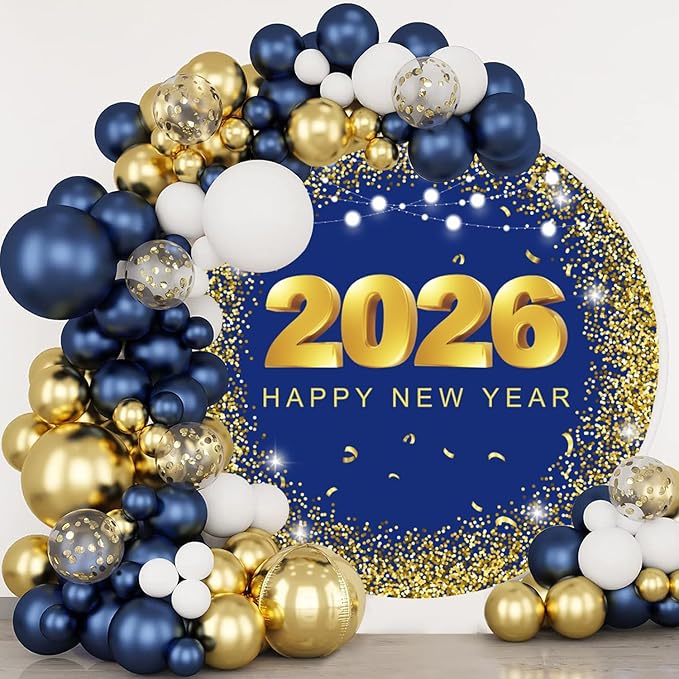 YongFoto 2026 Happy New Year Round Backdrop Cover 7ft Gold Blue Photography Background Merry Christmas Xmas Eve New Year's Night Festival Carnival Family Celebration Party Banquet Decor Banner