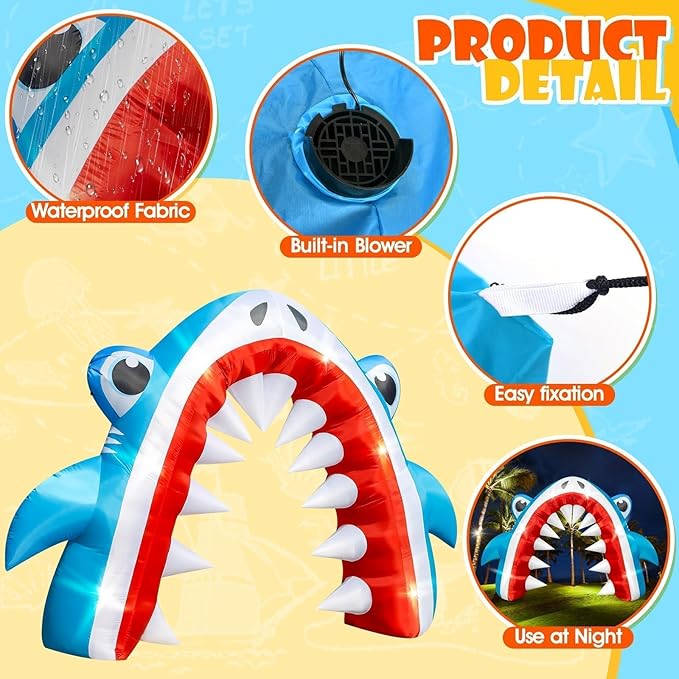 Eyourlife 12×8 FT Shark Summer Inflatable Arch, Giant Outdoor Blow Up Yard Decoration with Built-in 6 LED Lights for Pool Stage Event Birthday Party Ocean Theme Luau Beach Party Take Photos