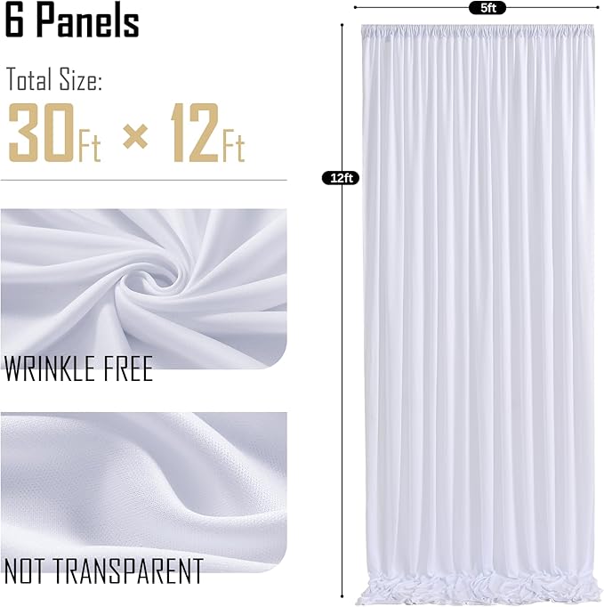 gogoparti 30x12ft White Backdrop Curtain for Wedding Parties, 6 Panels (5x12 ft Each) Wrinkle-Free Dackdrop Curtains, Silky Draping Fabric for Birthday Party, Baby Shower, Photo Background