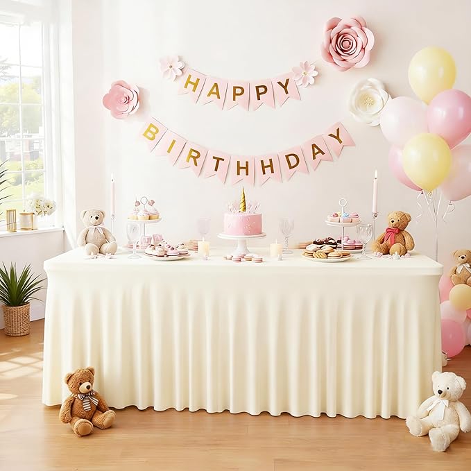 2 Packs Ivory Spandex Tableclothes for 6 Foot Rectangle Tables, Wrinkle Free 6ft Fitted Table Cover Stretch Table Cloth Desk Skirt for Weddings Baby Shower Birthday Party Banquet Decorations