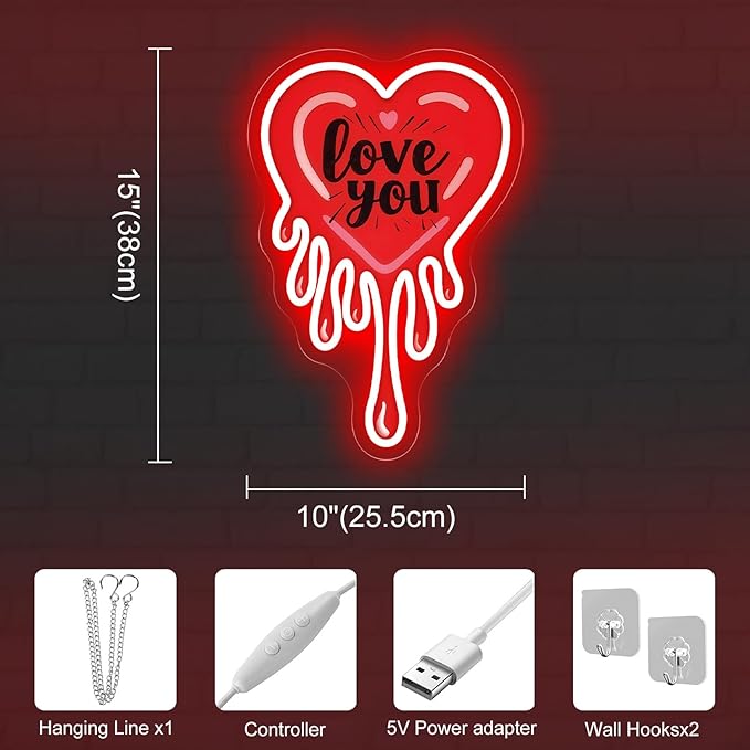 Love You Dripping Heart Neon Sign, Red Melting Heart UV Printed LED Light for Bedroom, Living Room, Valentine's Day Party Wall Art, Romantic Home Decor, Couple Gift 10″ × 15″
