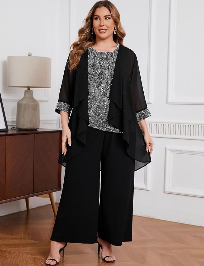 ZOMVA Plus Size 3 Piece Formal Pantsuit Sparkly Chiffon Jacket Set Dressy Outfit Mother of The Bride Groom Wedding Cocktail