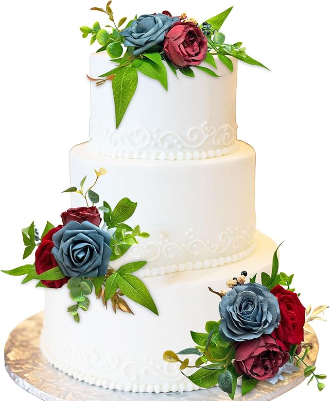 CherishedMoments 3Pcs Cake Topper Set, Wedding Artificial Flowers Decor Burgundy and Navy Blue Cake Topper Decorations for Wedding Ceremony Anniversary, Wedding Home Decor