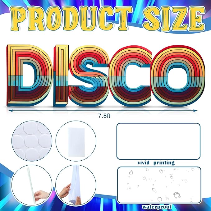 Bucherry 7.8ft Colorful Disco Letters Cardboard Cutout Stand up Life Size 70s 80s 90s Themed Party Decoration Backdrop Photo Props Standup for Birthday Hip Hop Retro Theme Party Supply