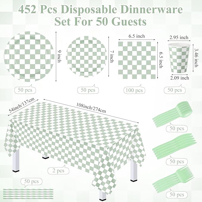 452 Pcs Sage Green Gingham Party Supplies for 50, Light Green and White Checkered Gingham Paper Plates Napkins Cups Tablecloth Cutlery Straw for Picnic Birthday Baby Shower Decoration