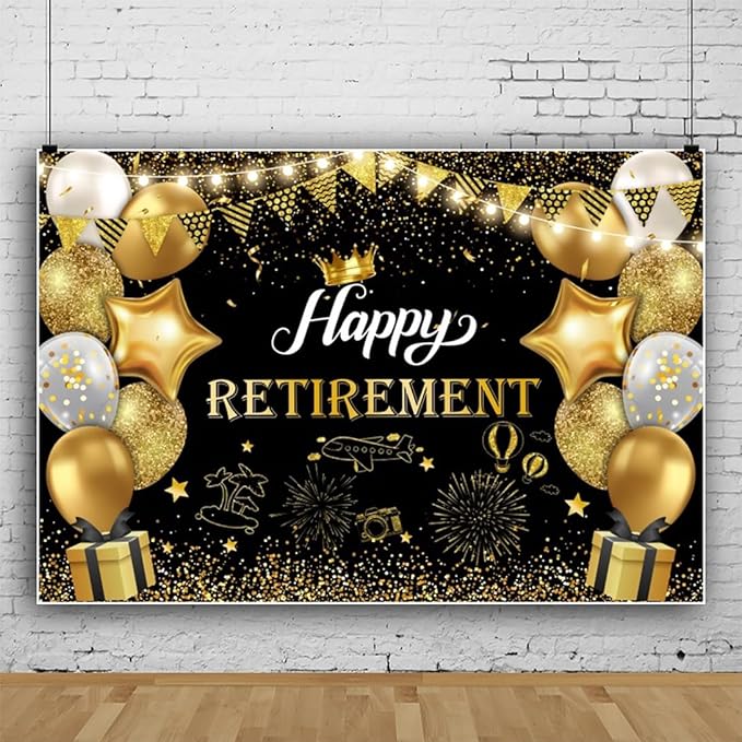 15x10ft Happy Retirement Photography Backdrop Black and Gold Retirement Party Decorations Backdrop Background Balloons White Lights Glitter Celebrate Retirement Party Supplies Studio Props