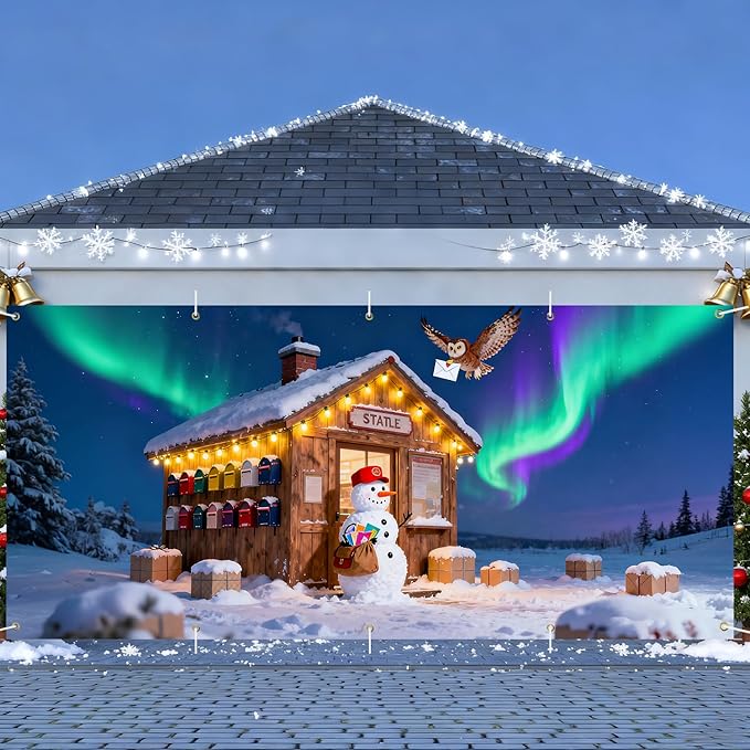 Christmas Garage Door Banner 7x16FT Snowman Post Office & Aurora Scene, Winter Garage Cover for Outdoor Holiday Decorations