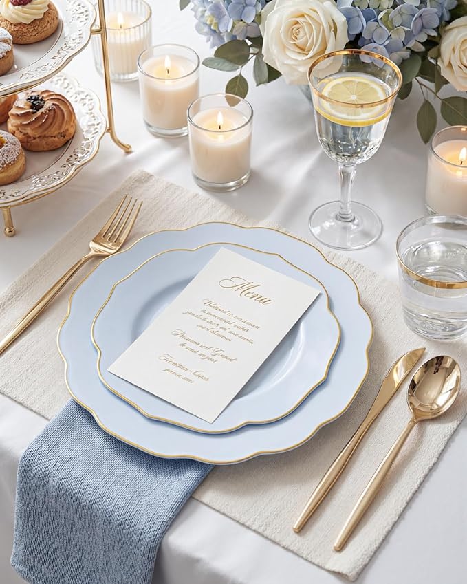 bUCLA 180PCS Blue Plastic Plates - Disposable Light Blue with Gold Rim - Include 30 Each (Dinner & Salad) Plates, 30 Knives, 30 Forks, 30 Spoons, 30 Cups for Party, Birthday & Shower