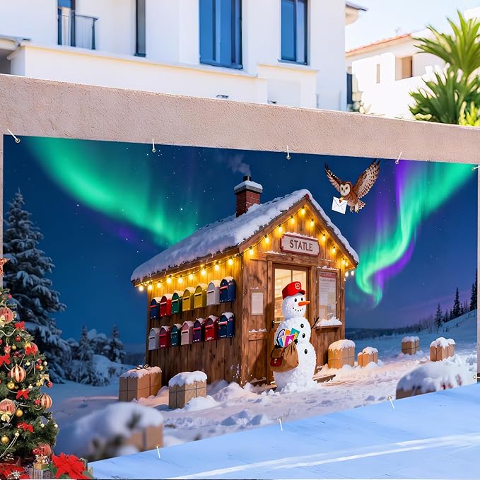 Christmas Garage Door Banner 7x16FT Snowman Post Office & Aurora Scene, Winter Garage Cover for Outdoor Holiday Decorations
