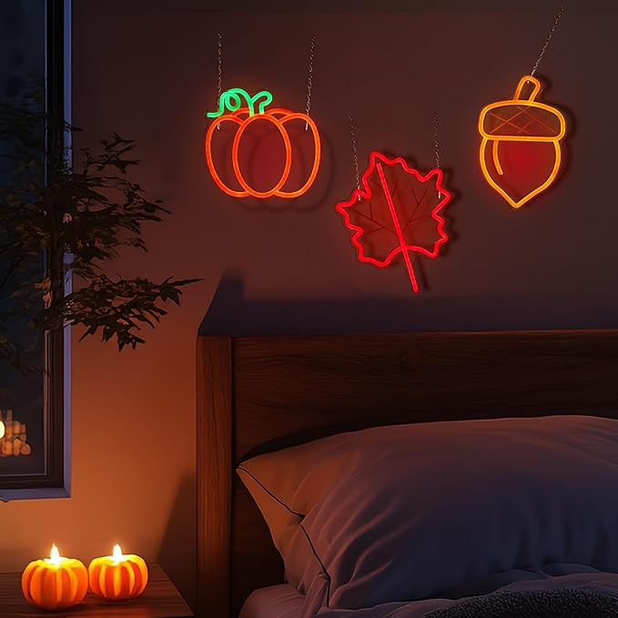 Hanna Roberts 3 PcsThanksgiving Neon Sign, Pumpkin Maple Leaf Acorn Neon LED Lights, USB Powered window lights for Halloween Thanksgiving Party, 3D Wall Art Signs for Home Bedroom Living Room