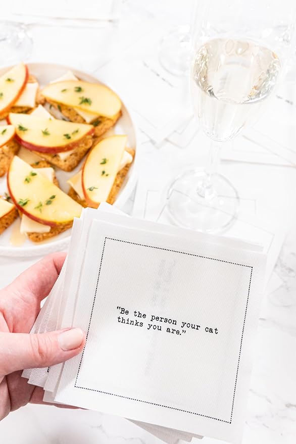 Five Star Funny Cat Quotes | White Cotton Cocktail Napkins | 50 Luxury Disposable Beverage Napkins with Witty Bar Quotes | Drink Napkins for Parties, Bars, Weddings & Game Nights