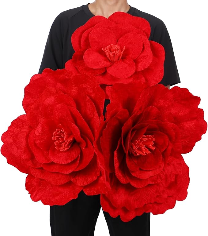 Norme 3 Pcs Valentine Giant Red Velvet Rose 12, 16, 20 Inch Large Rose Petals Big Paper Flowers Giant Flower for Decorations Large Red Flowers for Valentine, Wedding, Home Decor, Anniversary Birthday