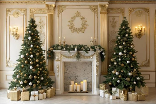 YongFoto Christmas Fireplace Backdrop 12x8ft Room Christmas Trees Classic Retro Wall Photography Background New Year Xmas Eve Family Winter Holiday Party Banner Photoshoot Wallpaper Photo Booth