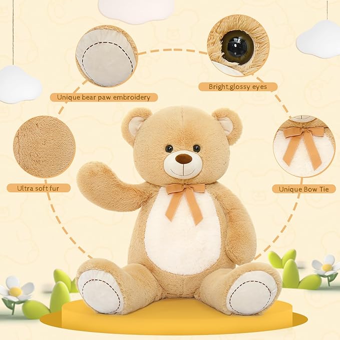 Tezituor 4.3 Feet Giant Teddy Bear, Large Stuffed Animals 52 inches with White Belly, Hug Big Plush Valentines Gift for Girlfriend Kids, Light Brown