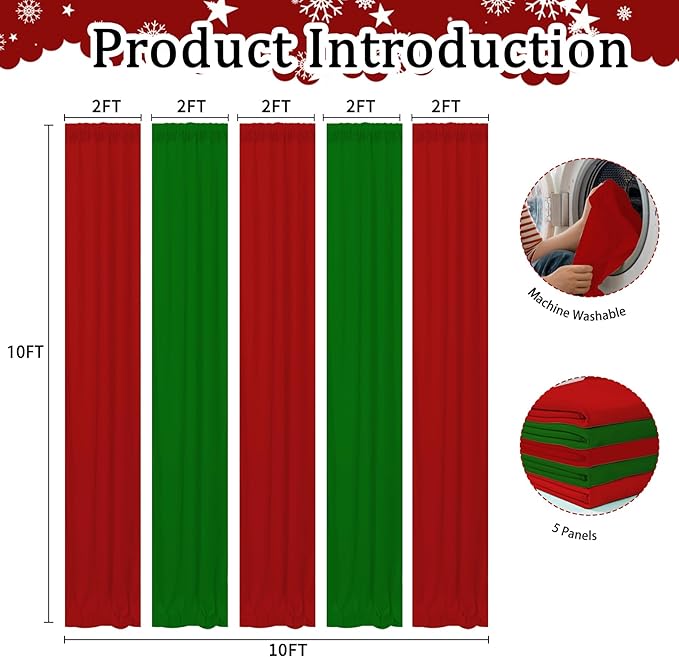 Christmas Backdrop Curtain - 10×10ft Red & Green Holiday Party Background Decor for Xmas Tree Photos, Home Festive Wall, Mall Santa Booth, Reusable Winter Celebration Decoration for Family