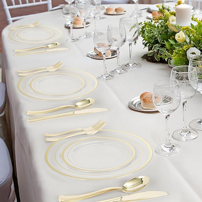 BESTVIP 600PCS Clear Gold Plastic Plate Set (100 Guests), Plastic Plates for Party Wedding Birthday, Disposable Dinnerware Set of 200 Plates, 200 Forks, 100 Spoons, 100 Knives for Christmas