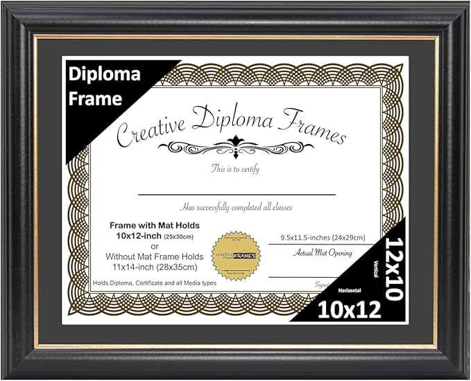 Creative Picture Frames 10" x 12" Rockefeller Black with Gold Rim Diploma Frame, Displays 10" x 12" Certificate or 11" x 14" Document without Mat, College Degree Frame, Full-Strength Glass, Black Mat