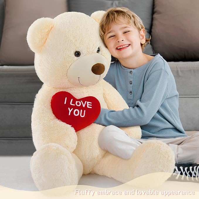 Big Teddy Bears, Giant White Teddy Bear Stuffed Animals with Embroidered I Love You for Girlfriend, Red Heart Fluffy Teddy Bear Birthday Gifts 36 inches