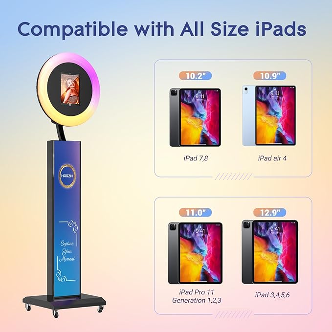 HARZHI Portable Photo Booth Compatible with Ipad, Photo Booth Shell Stand Stand Provide Chacktok Photo Booth Software for Party and Wedding, Free Custom Logo, Flight Case (Large lightbox+Black)