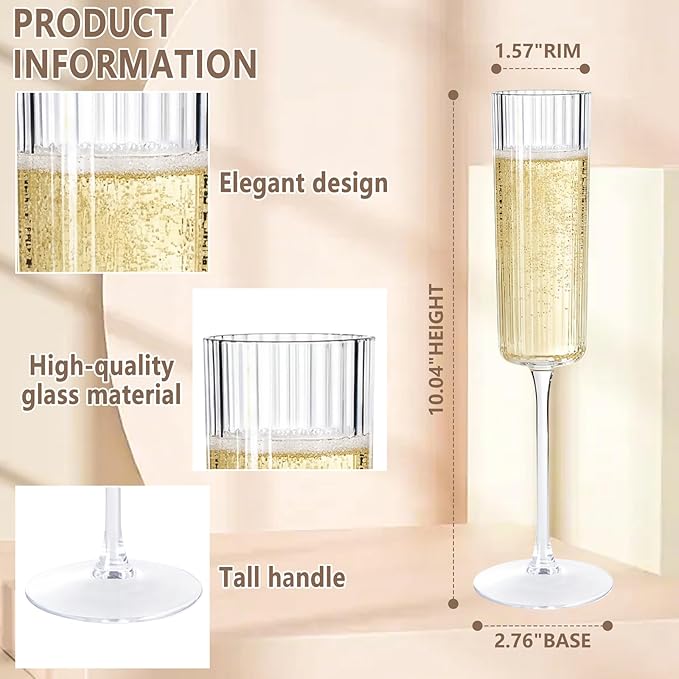 36 Pack Clear Plastic Champagne Flutes - 6oz Ribbed Disposable Champagne Glasses - Clear Vintage Mimosa Glasses with Long Stem - Elegant Sparkling Wine Stemware for Wedding, Party