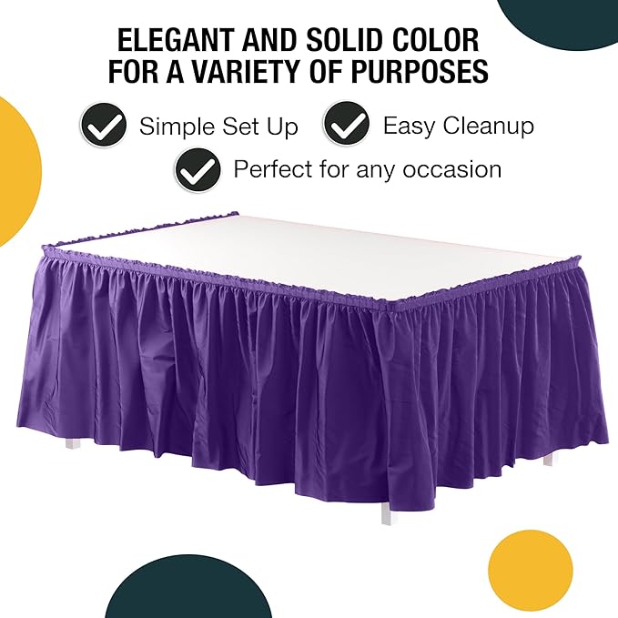 Exquisite Ruffle Table Skirt Purple 48 Pack 14 Ft Long Table Skirts for Rectangle Tables 6ft Plus or Round Tables Skirts with Adhesive Strip for Gender Reveal Decor & Happy Birthday Parties