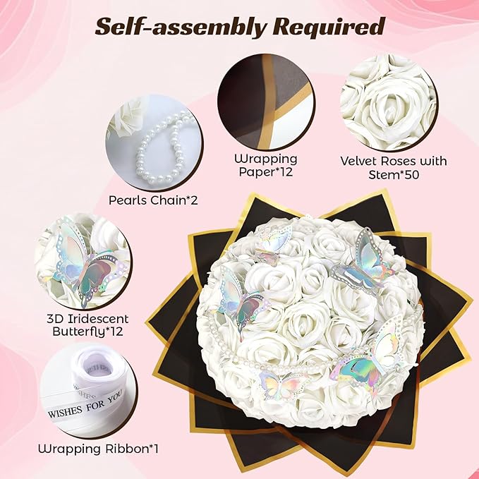 50 Pcs Fake White Roses Artificial Flowers Bulk, Faux Velvet Silk Rose Bouquet with Long Stems Real Look for Wedding Party Centerpieces Vases Decor