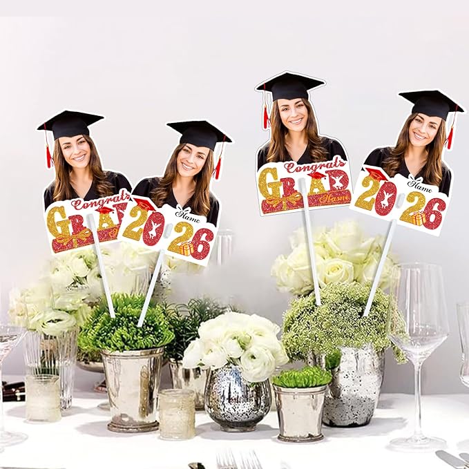 Personalized Graduation Face Fan 2026 Grade Custom Double Sided Face Cutout Fan with Handle Photo Booth Prop Party Supplies(B-Red and Gold,12pcs)