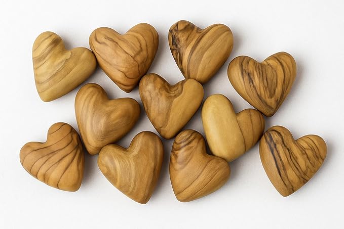 Zuluf Set of 10 Olive Wood Hearts 1.7 x 1.5 Bulk Pack Hand Carved Wooden Hearts Wedding Favors Party Pack Valentine Bowl Filler Rustic Home Decorations Handmade in Bethlehem w/Certificate