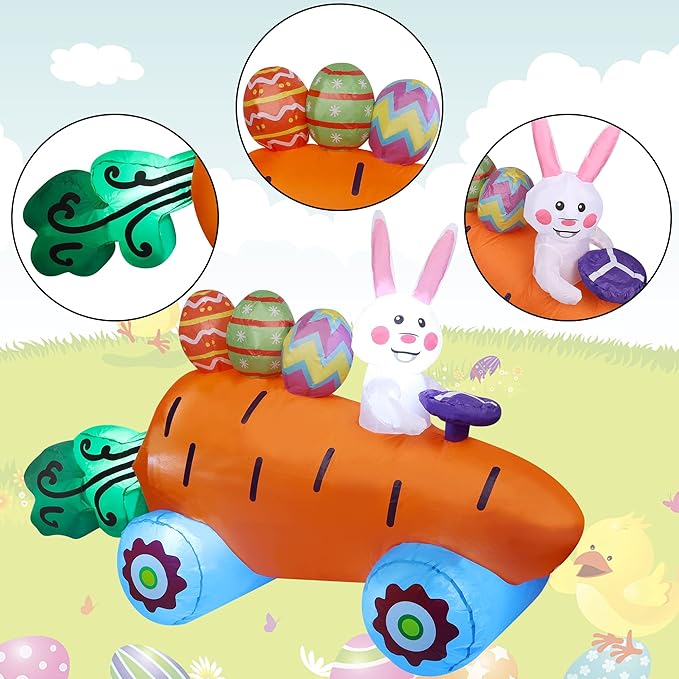 Easter Inflatables Outdoor Decorations, 6 FT Long Inflatable Bunny on Carrot Cart with Easter Eggs, Easter Blow up Yard Decorations for Indoor Outdoor Garden Lawn Holiday Party Decor