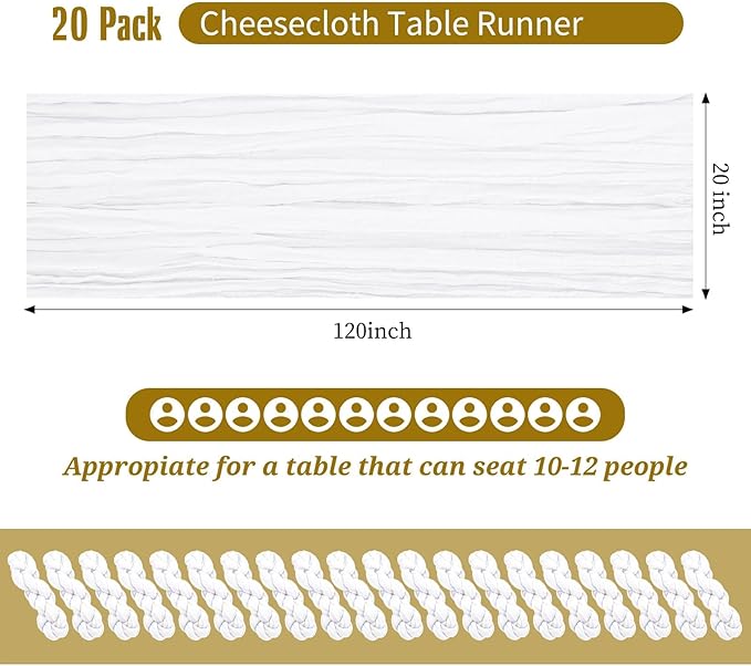 20 Pack White Table Runner 10Ft Cheesecloth Table Runner Boho Gauze Table Runners Romantic Long Sheer Fabric Cheese Cloth Table Runners for Wedding Party Bridal Shower(White)