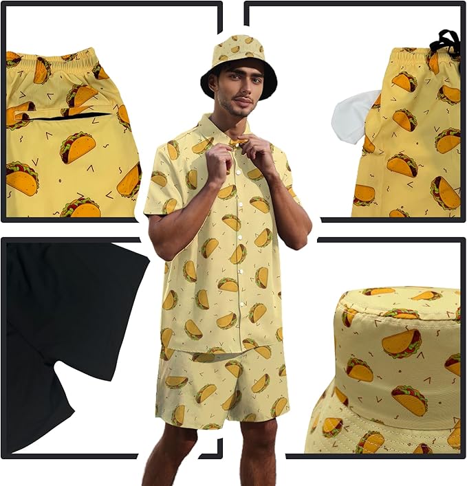 Men's Hawaiian Shirt and Shorts Set 2 Piece Beach Outfits with Bucket Hats for Beach Days and Summer Vibes