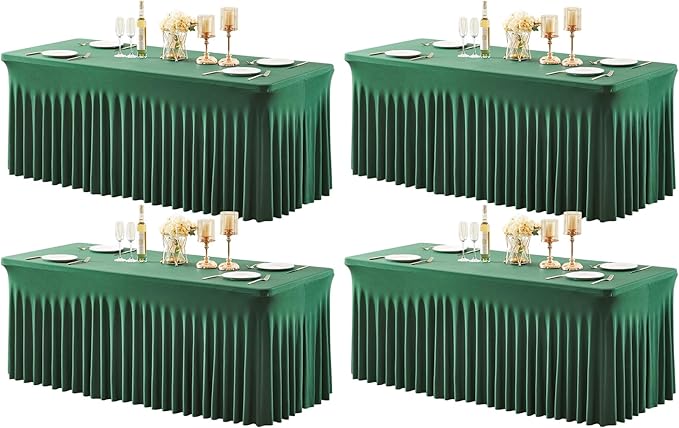 4 Packs Green Table Clothes for 6 Foot Rectangle Tables, Wrinkle Resistant Stretch Spandex Table Covers Fitted Tablecloth with Skirt for Easter Event Banquet Wedding Birthday Party