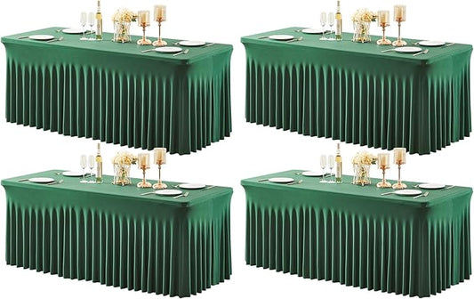 4 Packs Green Table Clothes for 6 Foot Rectangle Tables, Wrinkle Resistant Stretch Spandex Table Covers Fitted Tablecloth with Skirt for Easter Event Banquet Wedding Birthday Party