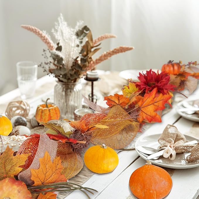 2 Pack 6ft Thick Fall Maple Leaves Garland with Pumpkin and Berry, Artificial Sunflower Autumn Harvest Garland w/Ribbon for Mental, Thanksgiving, Halloween, Fireplace Porch Indoor Outdoor Decoration