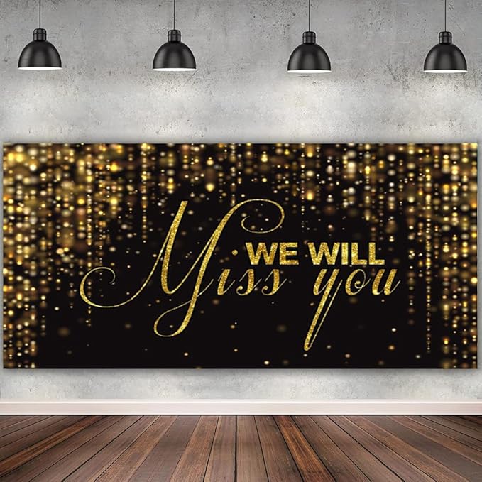 We Will Miss You Backdrop Banner 15x8ft Black Gold Going Away Party Photo Backdrop Background Men Women Goodbye Office Work Congrats Retirement Farewell Anniversary Graduation Party Decors