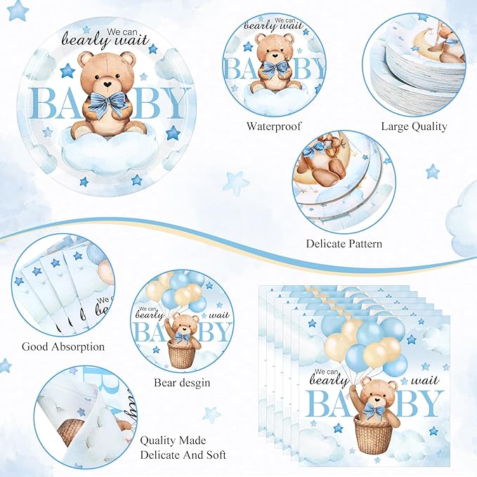 452 Pcs We Can Bearly Wait Baby Shower Decorations, Blue Bear Paper Plates Napkins Cups Tablecloth Cutlery Straws for Blue Baby Shower Gender Reveal Birthday Party Supplies, Serves 50