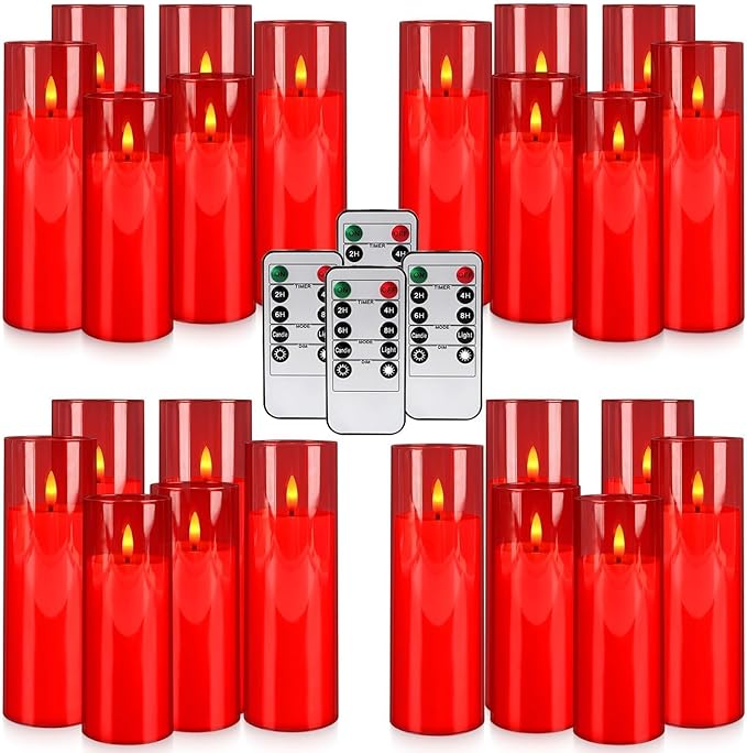 24-Pack Red Acrylic Flameless LED Candles with Remote Control - Realistic Flickering Battery - Operated Candles for Valentine's Day,Home Decor, Weddings, and Parties.