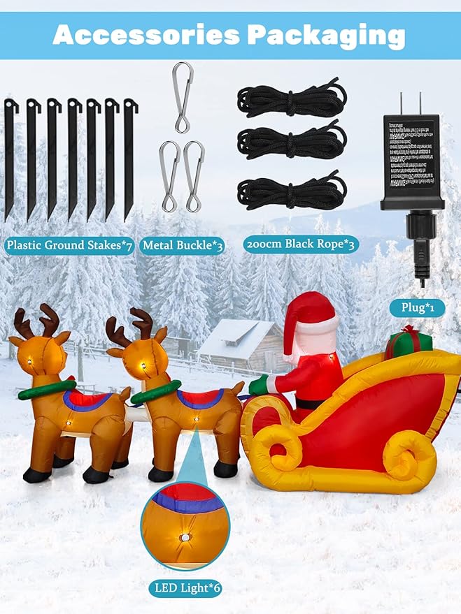 Kalolary 8 Feet Long Christmas Inflatables with LED Light, Santa Claus on Sleigh Blow up Christmas Outdoor Indoor Decoration for Home Family Yard Decor Lawn Garden Party Supplies