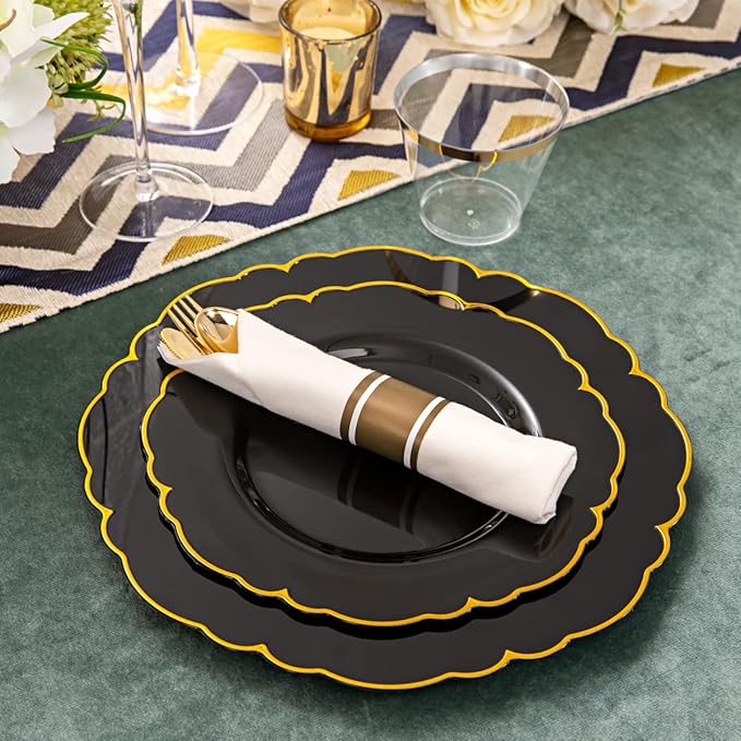 Morejoy 175PCS Black Gold Plastic Plates, Black Plate with Rolled Napkins: 50 Plates, 25 Spoons, 25 Forks, 25 Knives, 25 Cups for Wedding & Party & Birthday & New Year & Halloween