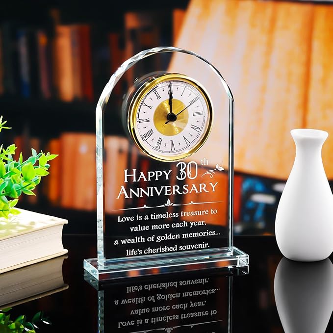 YWHL 30th Wedding Anniversary Clock Gifts for Husband Wife, 30 Years Wedding Anniversary Glass Clock Gift for Couples, Glass Keepsake for 30 Years of Marriage Home Decoration (Battery not Included)