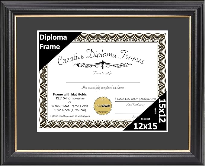 Creative Picture Frames 12" x 15" Rockefeller Black with Gold Rim Diploma Frame, Displays 12" x 15" Certificate or 16" x 20" Document without Mat, College Degree Frame, Full-Strength Glass, Black Mat