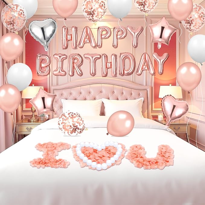 Pink Birthday Balloons Decorations Rose Gold Birthday Balloon Letters Banner with 6 Pcs Star Balloons Pink Artificial Rose Petals 24 Flameless LED Candles for Room Bday Party Decorations Supplies