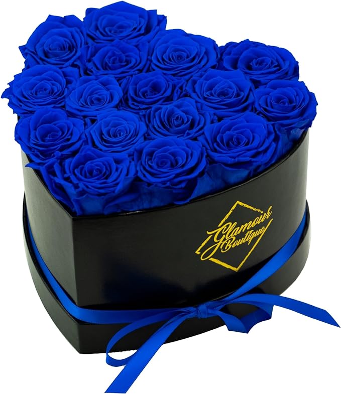 GLAMOUR BOUTIQUE 16 Flower Forever Heart Shape Box, Eternal Preserved Roses Gift for Her, Lasting Flowers, Romantic Floral Keepsake for Birthday, Anniversary or Valentine’s Day, Blue (Color-Treated)