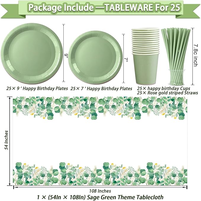 222 Pcs Sage Green Happy Birthday Decorations, Birthday Decorations for Women or Girl Kit- Disposable Dinnerware Set with 25 Guest, Balloons, Sash, Tiara, Banner, Paper Pom Poms