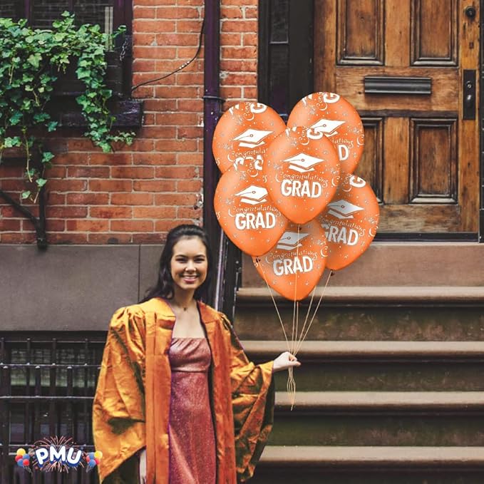 PMU 100 Pcs Orange Graduation Balloons Class of 2025 with All-Over Print White Grad Caps-Confetti and Streamers | Graduation Party Supplies | Congratulations Grad Latex Balloons Latex