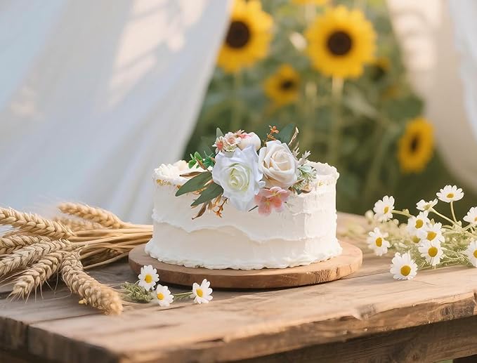 Marriwise 3Pcs Pre-made Cake Toppers Flowers, Champagne Wedding Cake Decoration,Artificial Flowers Decor for Wedding Ceremony Anniversary,Birthday Party,Outdoor Forest (Champagne)