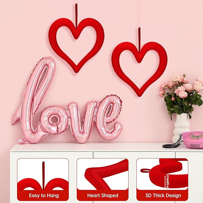 Aneco 6 Pieces Valentine‘s Day 3D Velvet Heart Hanging Ornament 9.45 Inch Foam Heart Wreaths for Valentine‘s Day Wedding Anniversary Front Door Home Decor, Red