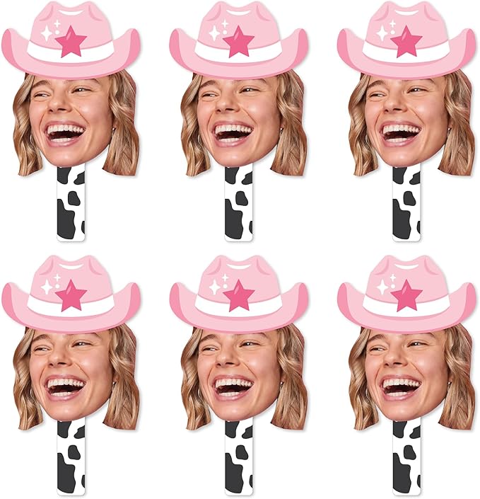 Big Dot of Happiness Custom Photo Last Rodeo - Pink Cowgirl Bachelorette Party Head Cut Out Photo Booth and Fan Props - Fun Face Cutout Paddles - Set of 6